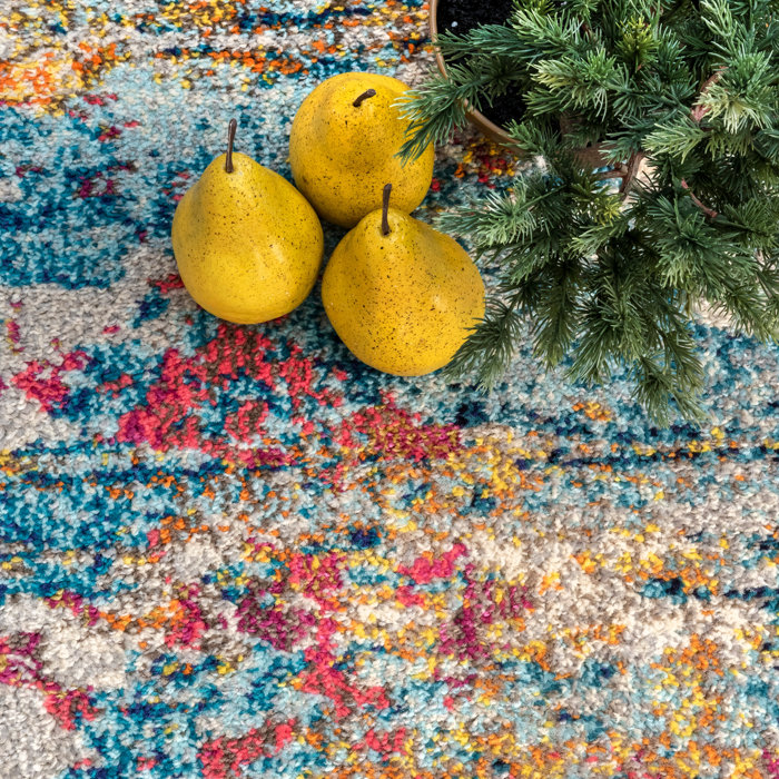 Wrought Studio Hiroko Abstract Power Loom Performance Ivory/Blue/Pink